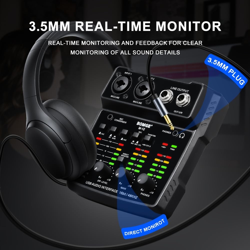 BOMGE M12 USB Audio Interface, 2-Channel Mixer, XLR/3.5mm Input, 48V Power Su...