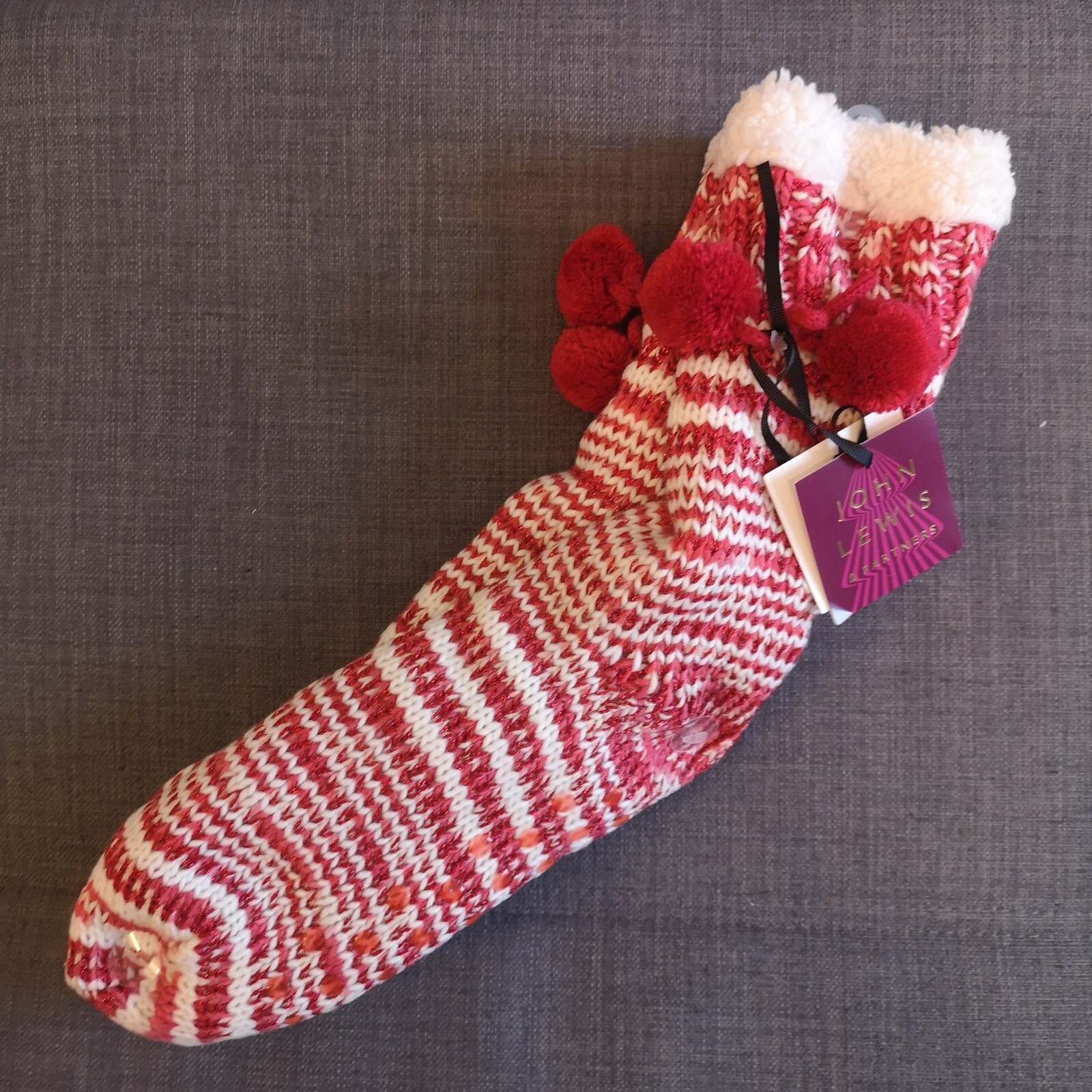 John Lewis Red & White Sparkly Slipper Socks with Pom Poms – One Size – BNWT