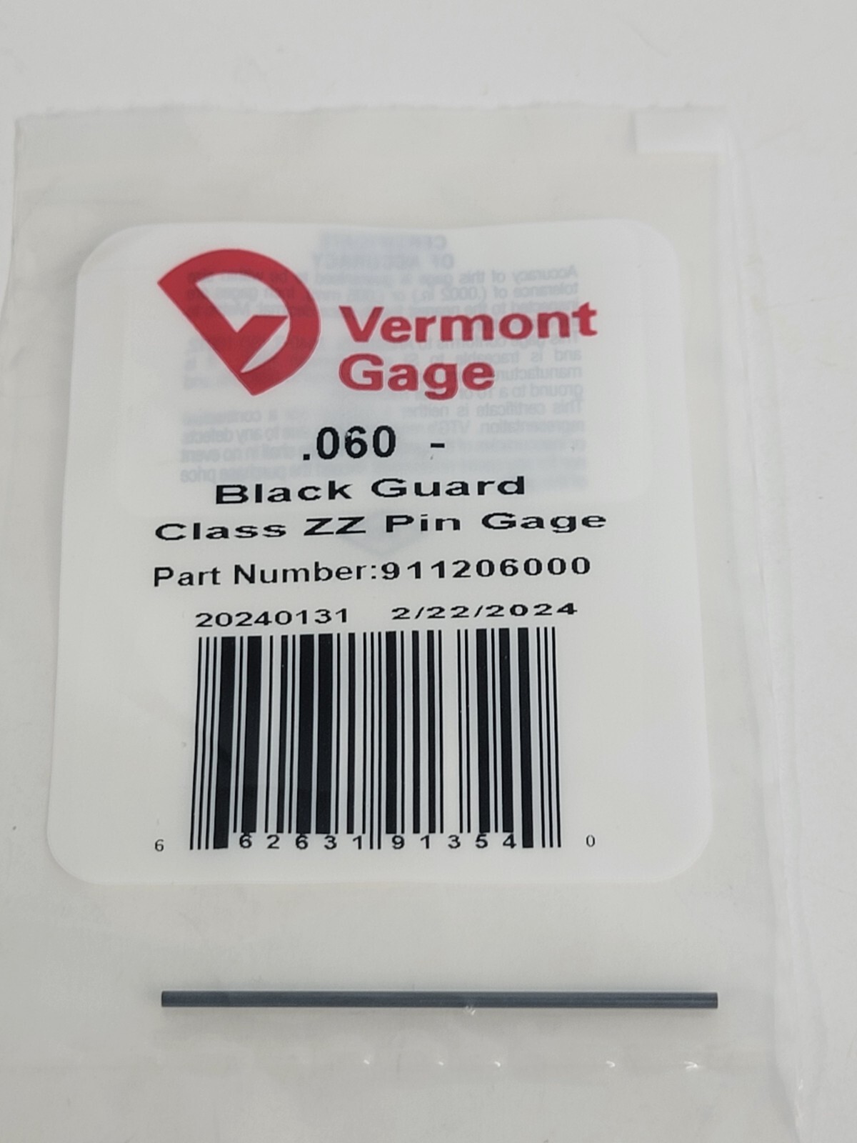 Vermont Gage - 911206000 - .060- Black Guard Class ZZ Pin Gage