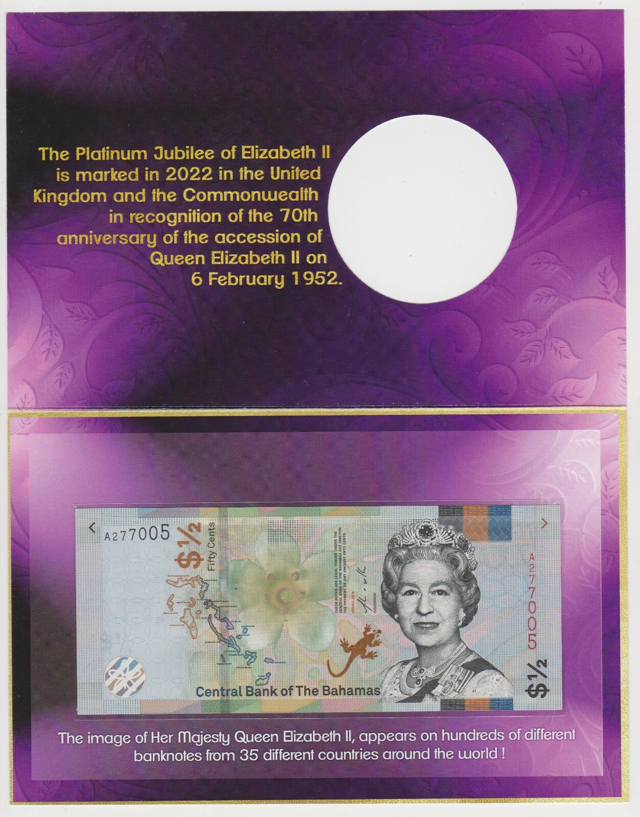 Queen Elizabeth II 70 Anniversary 1952- 2022 Commemorative Folder + Bahamas note