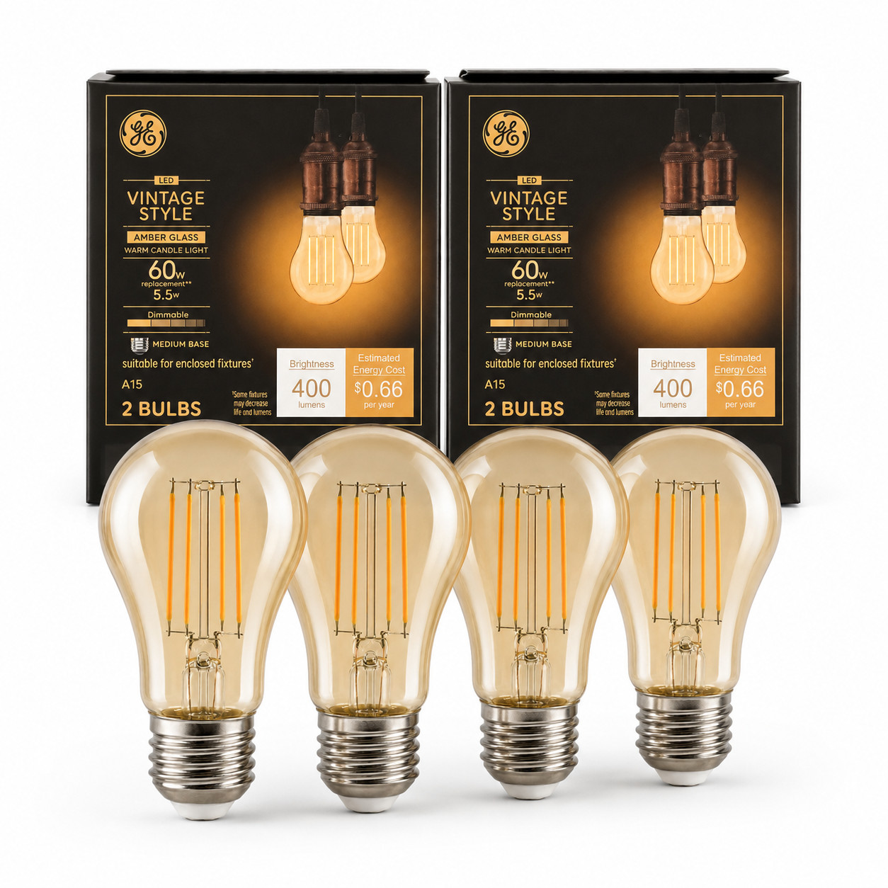 GE Vintage Style LED Light Bulbs A15 Amber Finish 60W Replacement 400LM 4-Pack