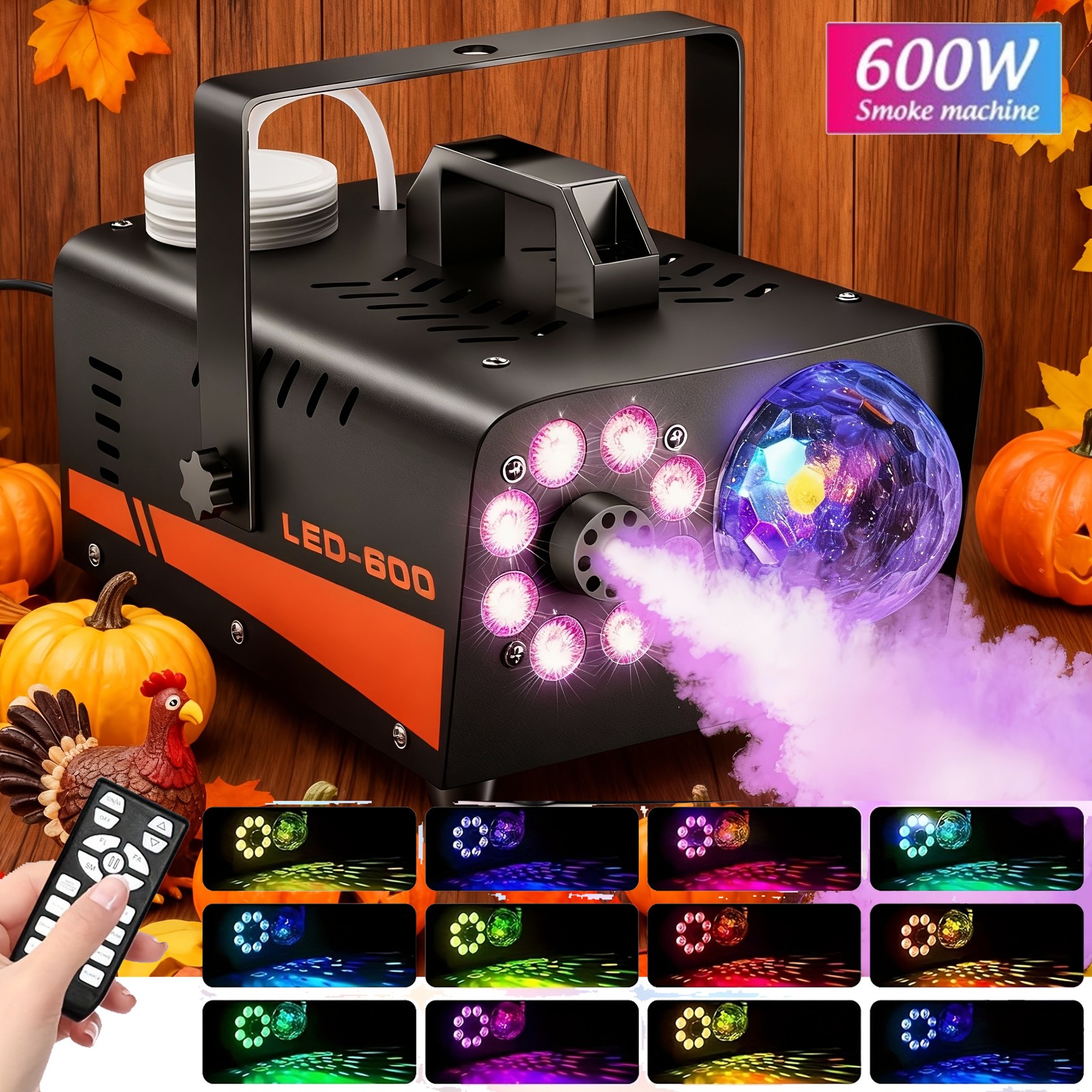 600W DJ Smoke Machine RGBFog Machine Indoor Wireless Remote LED Light w/13Color