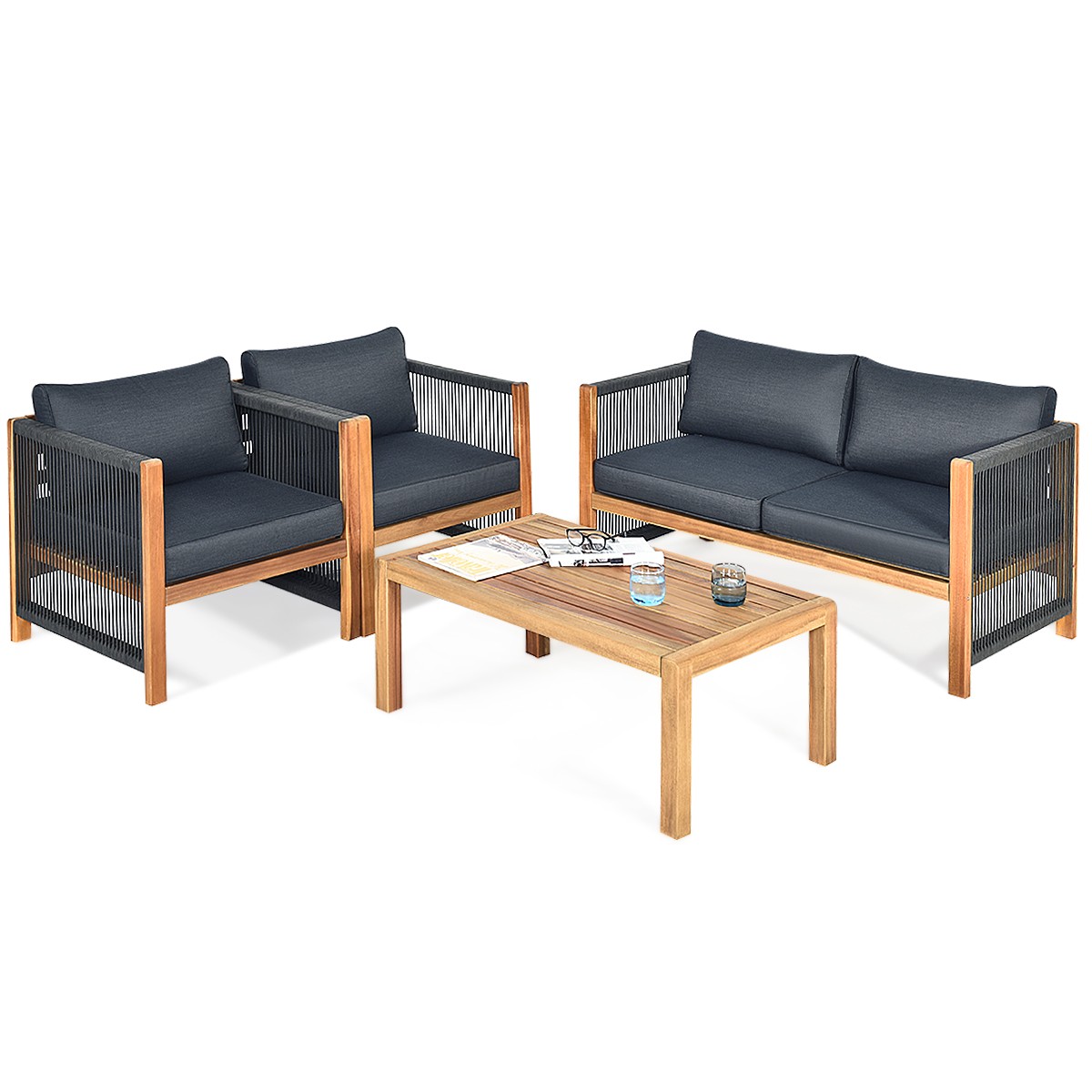Patiojoy Outdoor 4PCS Acacia Wood Furniture Set Patio Cushioned Sofa W/ Armrest