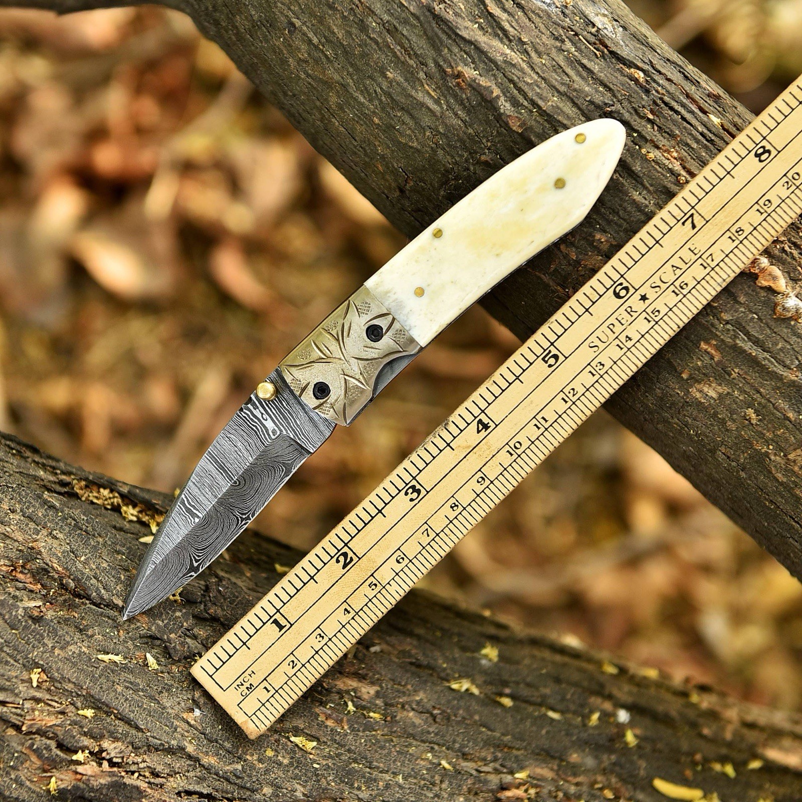 Damascus Folding Dagger Blade Pocket Hunting Knife Tactical- Camel Bone Handle