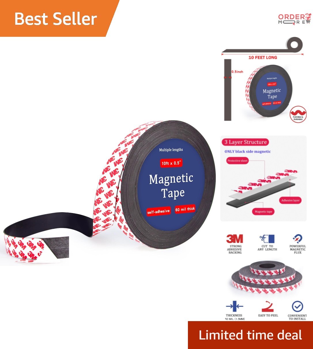 1/2 Inch Wide Magnetic Tape Roll - 10 Feet of 3M Adhesive for Easy Organization