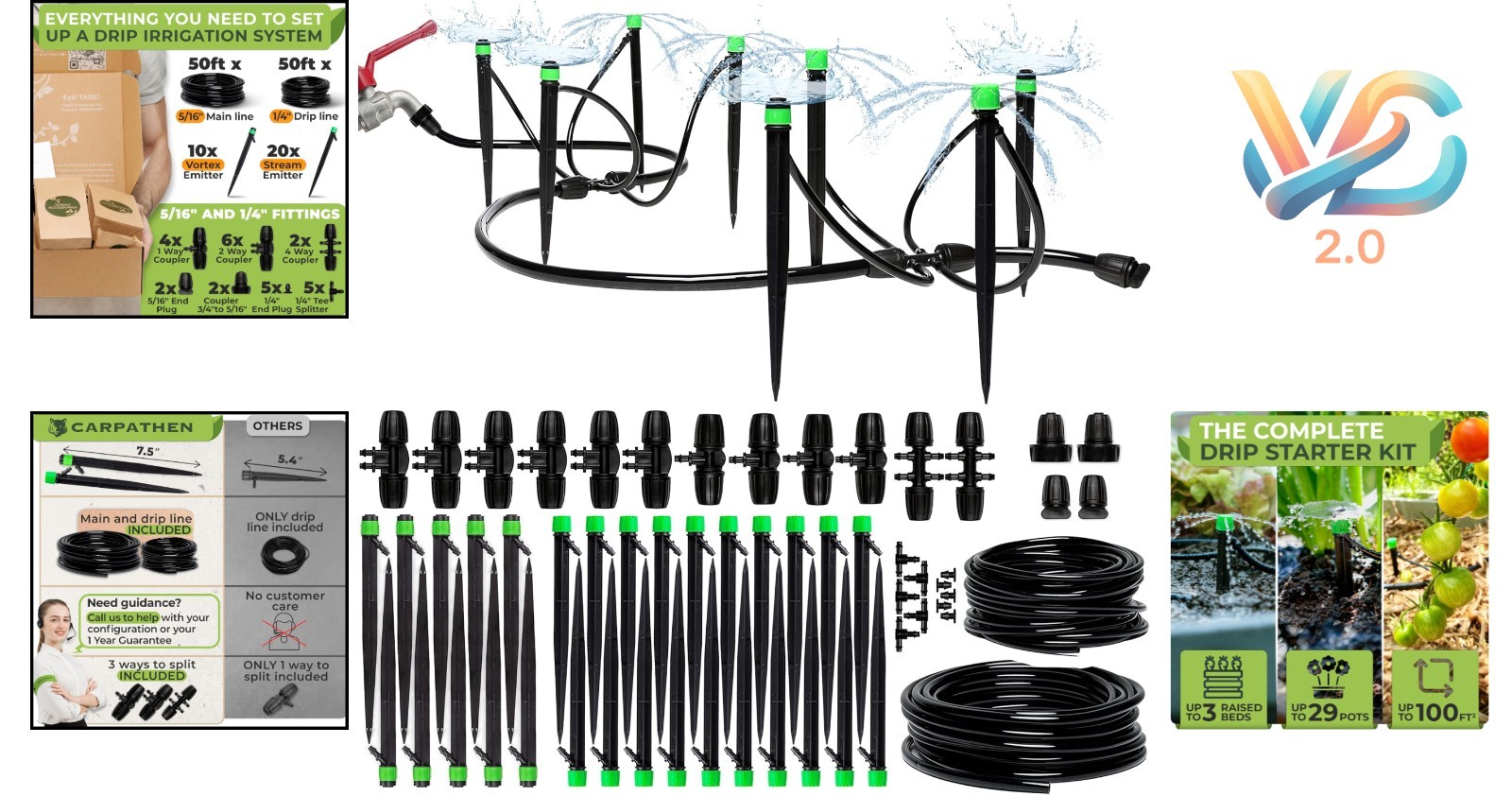 Complete Garden Drip Irrigation System Kit 100ft Adjustable Emitters