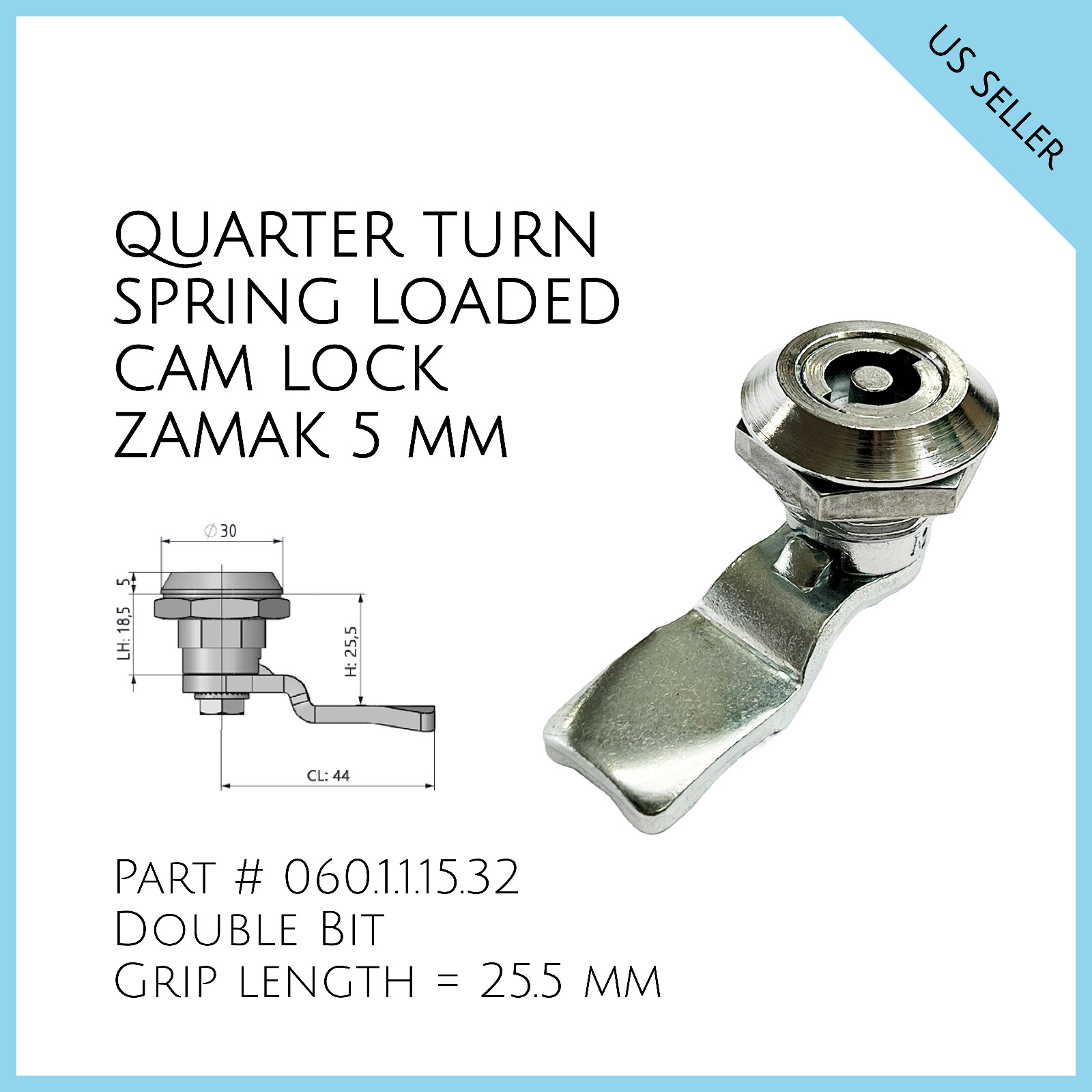Quarter Turn Spring Loaded Cam Lock Zamak 5mm Double Bit Part # 060.1.1.15.32