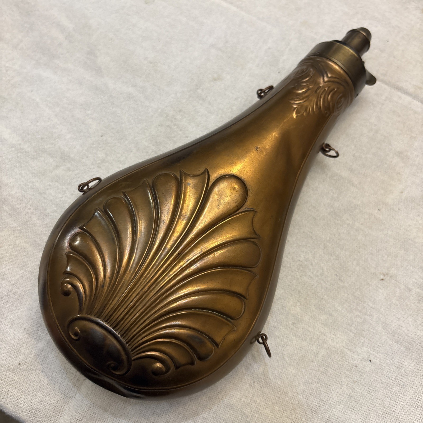 Antique Copper & Brass Black Powder Flask – Floral Shell Embossed