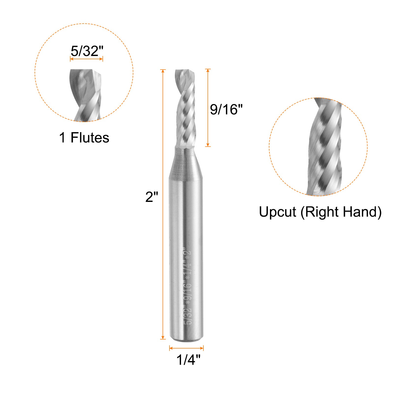 Spiral Router Bit 5/32"x9/16"x1/4"x2" 1 Flute Solid Carbide CNC End Mill