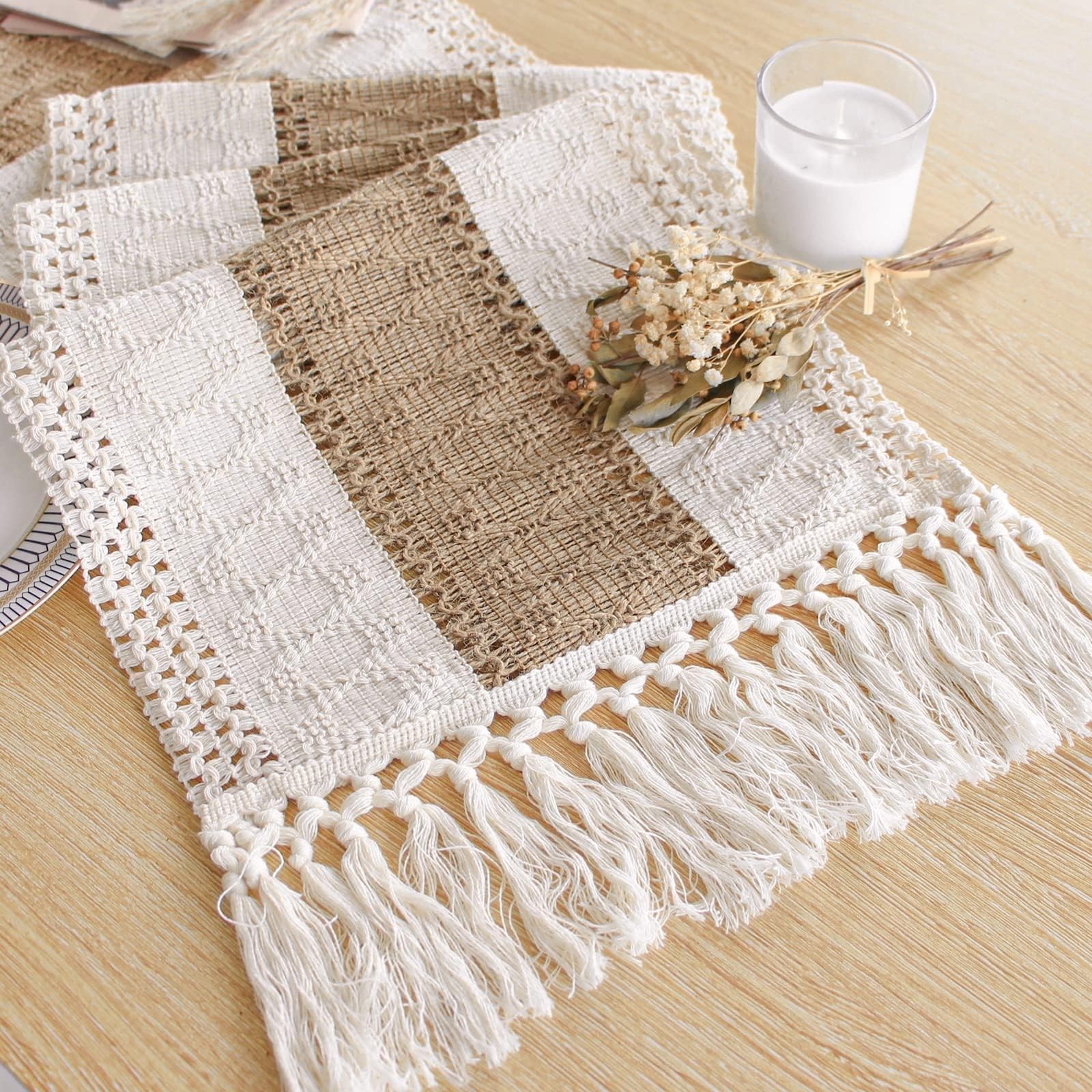 FEXIA Boho Table Runner for Home Decor with Tassels 72 Inches 12x72", Brown