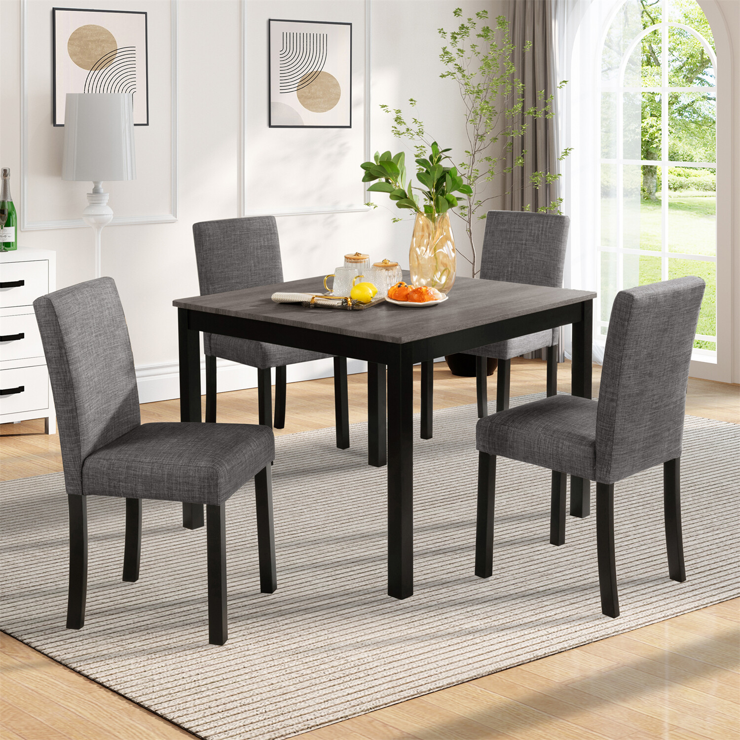 5 Piece Dining Table Set Wooden Dining Table w/ 4 Upholstered Chair Light Gray