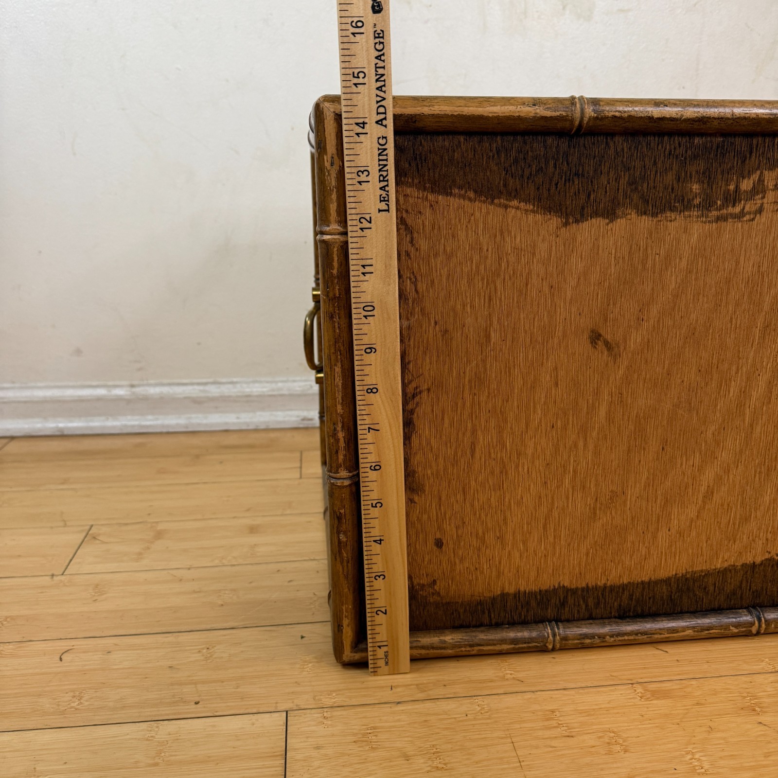 Vintage Bamboo Lidded Chest Trunk Hamper Herringbone Woven Wicker
