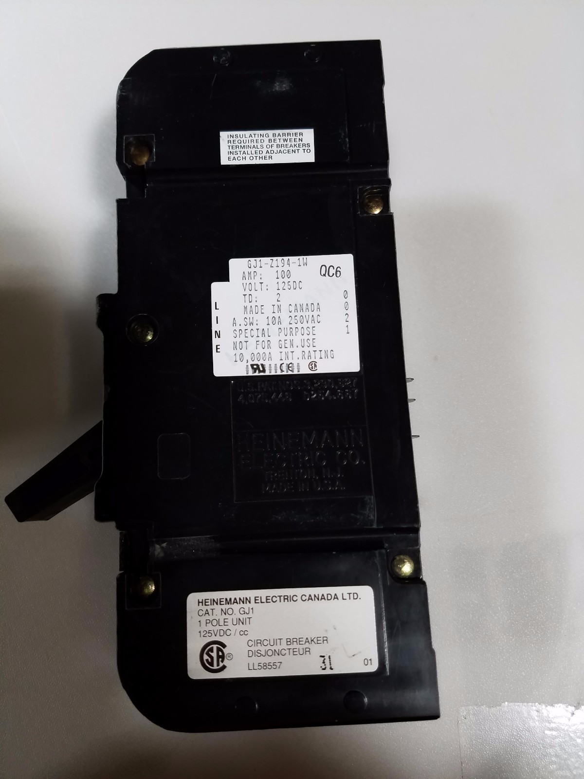 Heinemann Electric Canada Circuit Breaker GJI-Z194-1W AMP: 100 VOLT: 125DC