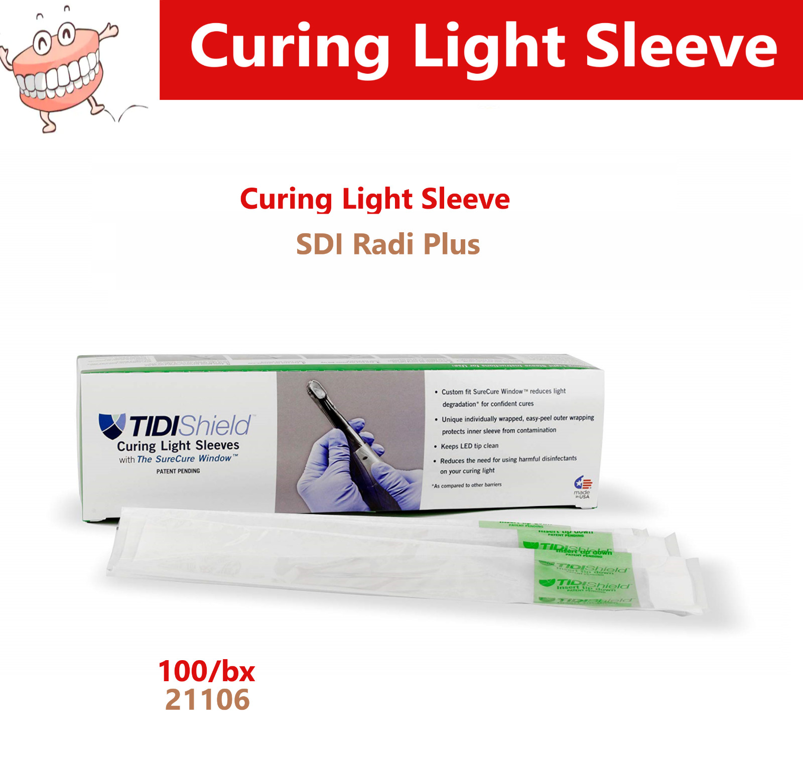 Dental Tidishield Curing Light Sleeve For SDI SDI Radi Plus, 100/bx, 21106
