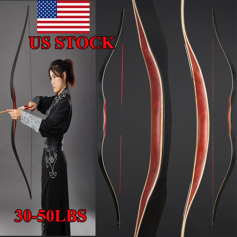 60" Traditional Longbow Recurve Bow Wooden 30-50LBS for Outdoor Archery Hunting