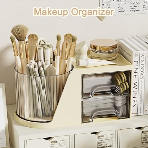 Rotating Desk Organizer with 2 Drawer, 6 Slots Multi-Functional Pencil Beige