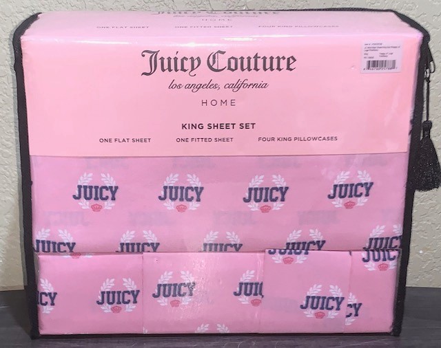 Juicy Couture Pink with Crowns Crests &Logos 6pc KING Sheet Set w/4 Pillowcases