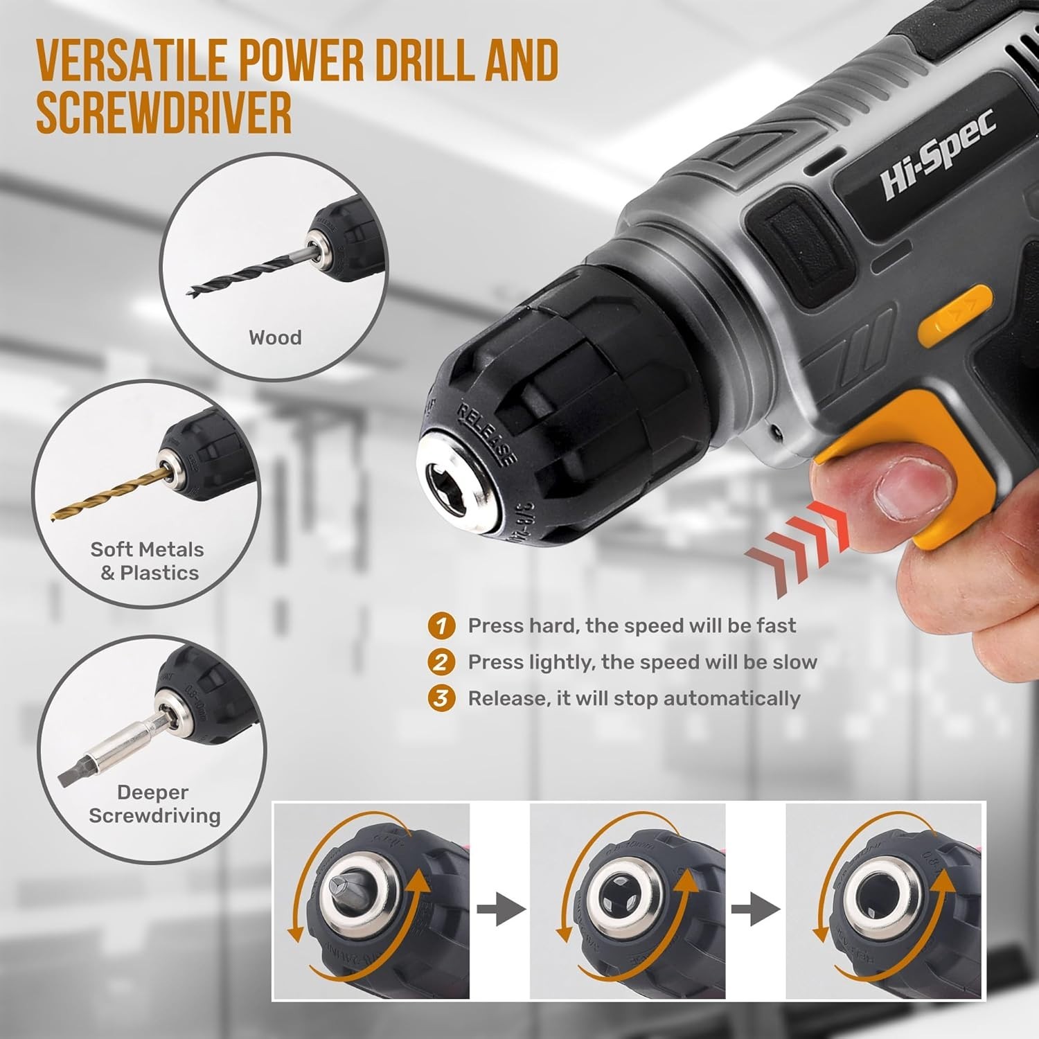 Hi-Spec 8V USB Cordless Drill Driver Kit w/ Bits Wall Hanging Set Grey
