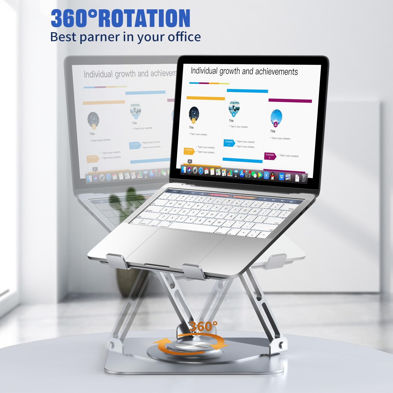 Adjustable Laptop Stand 360 Rotating Base Ergonomic Riser Foldable Silver