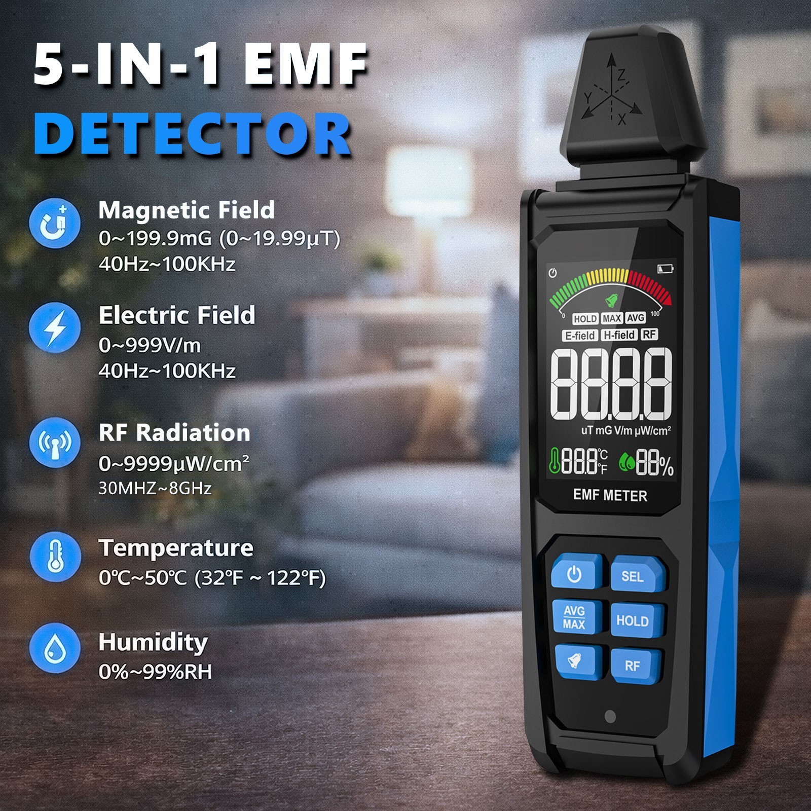 EMF Detector 5in1 RF Meter Radiation Tester Digital Alarm Portable