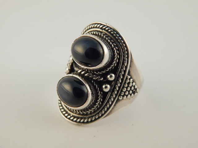 ONYX STERLING DOUBLE CABOCHON BEADED RING SZ 9.25 SILVER 925