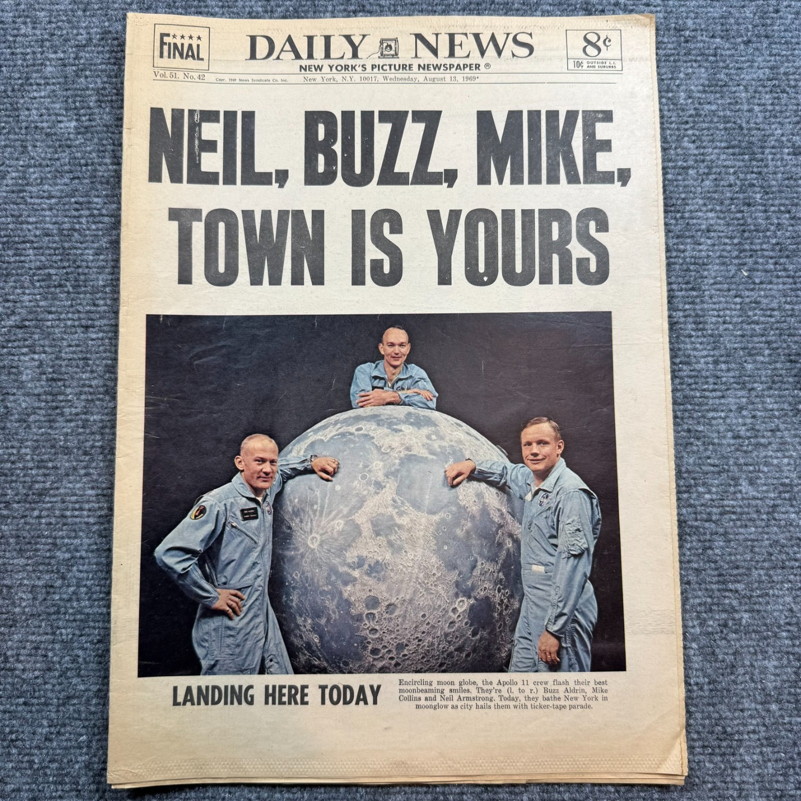 New York Daily News Full Newspaper Astronauts in NYC, Sharon Tate, Aug 13, 1969