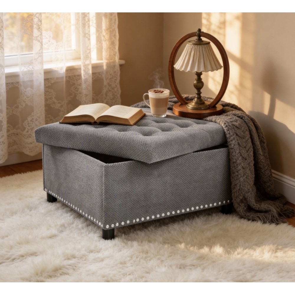 Storage Ottoman, Tufted Footstool, Nailhead Trim Ottoman, Square Storage Ottoman