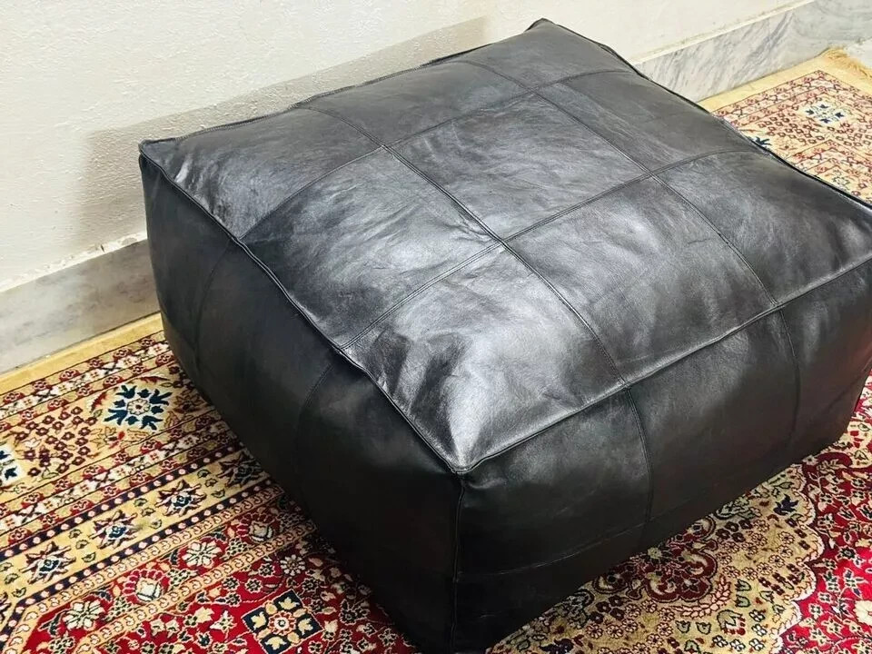 30" Genuine Leather Moroccan Pouffe Ottoman Handmade Black Pouf Footstool