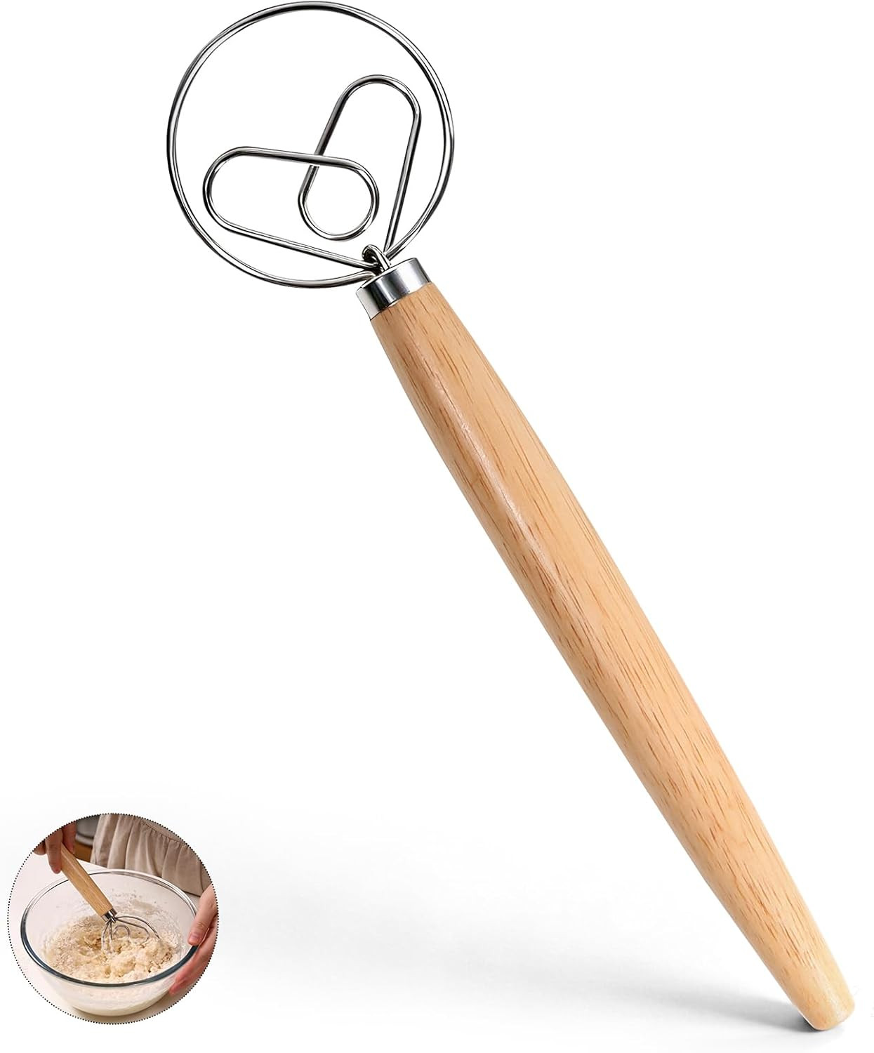 Danish Dough Whisk 13" - Stainless Steel with Wooden Handle for Easy Mixing