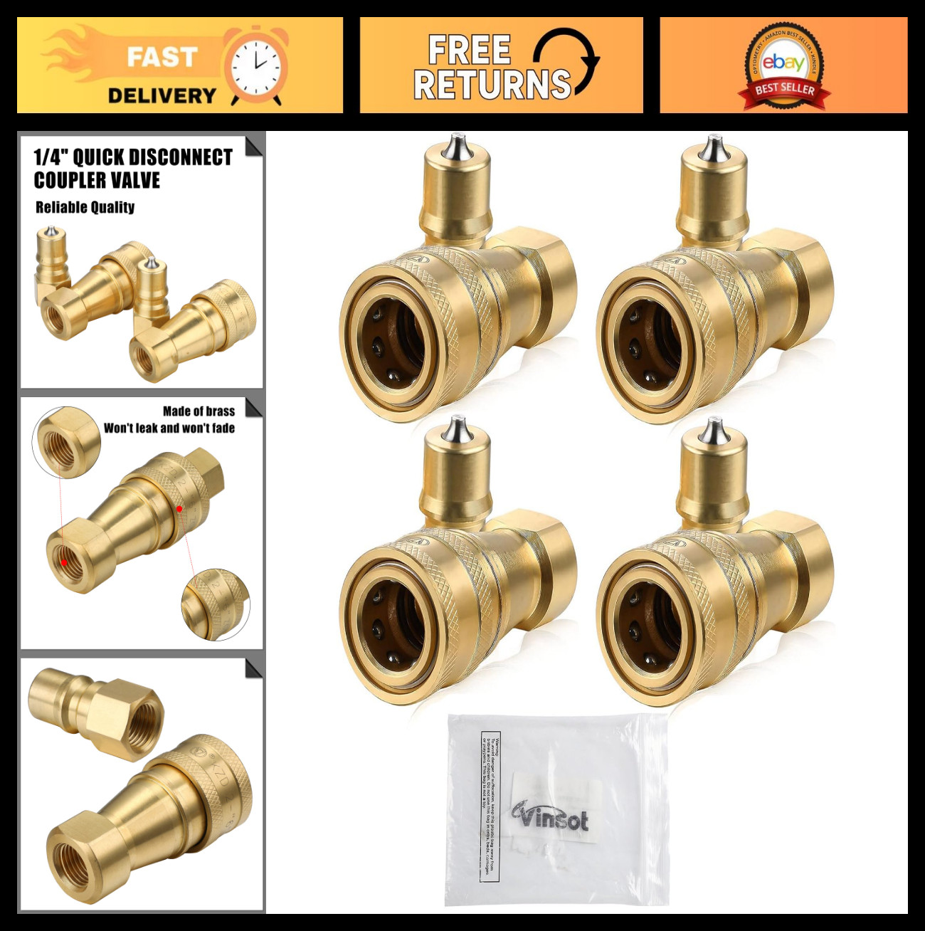 4 Set 1/4" Quick Disconnect Coupler Valve for Carpet Cleaning Wand - Truck Mount