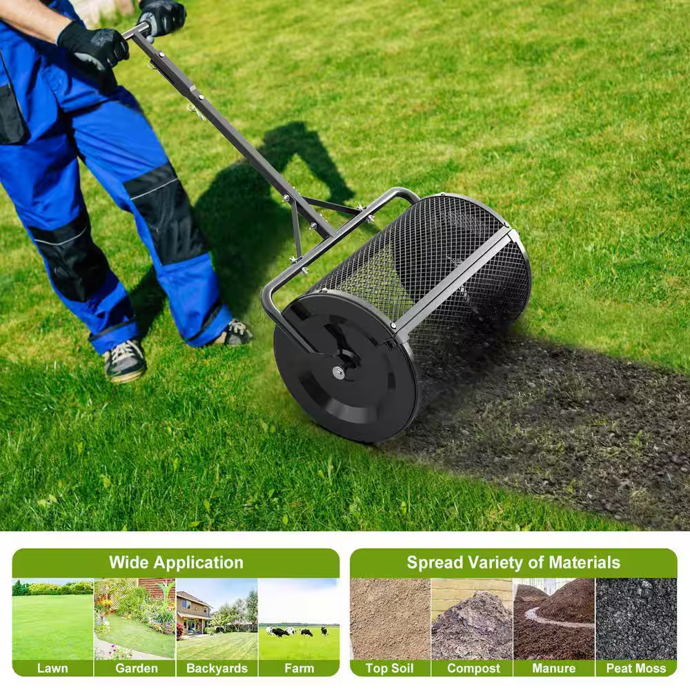24 In. Black Compost Handheld Spreader Peat Moss Spreader, Lawn Garden Spreader