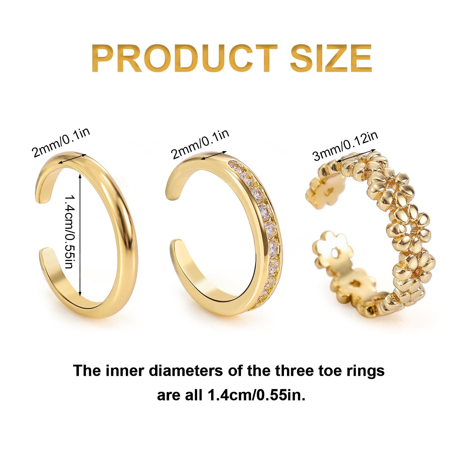 Mikovivi 3pcs Gold Toe Rings, Open Adjustable Copper Ring Medium, gold