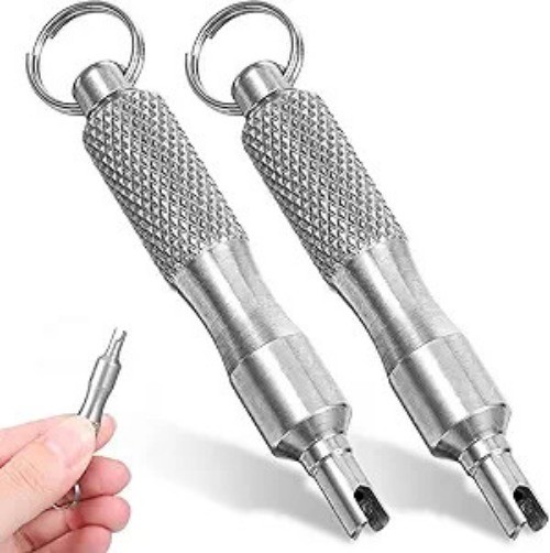 2 PCS Valve Core Removal Tool Keychain, Stainless Steel Tire Valve Stem Tool Por