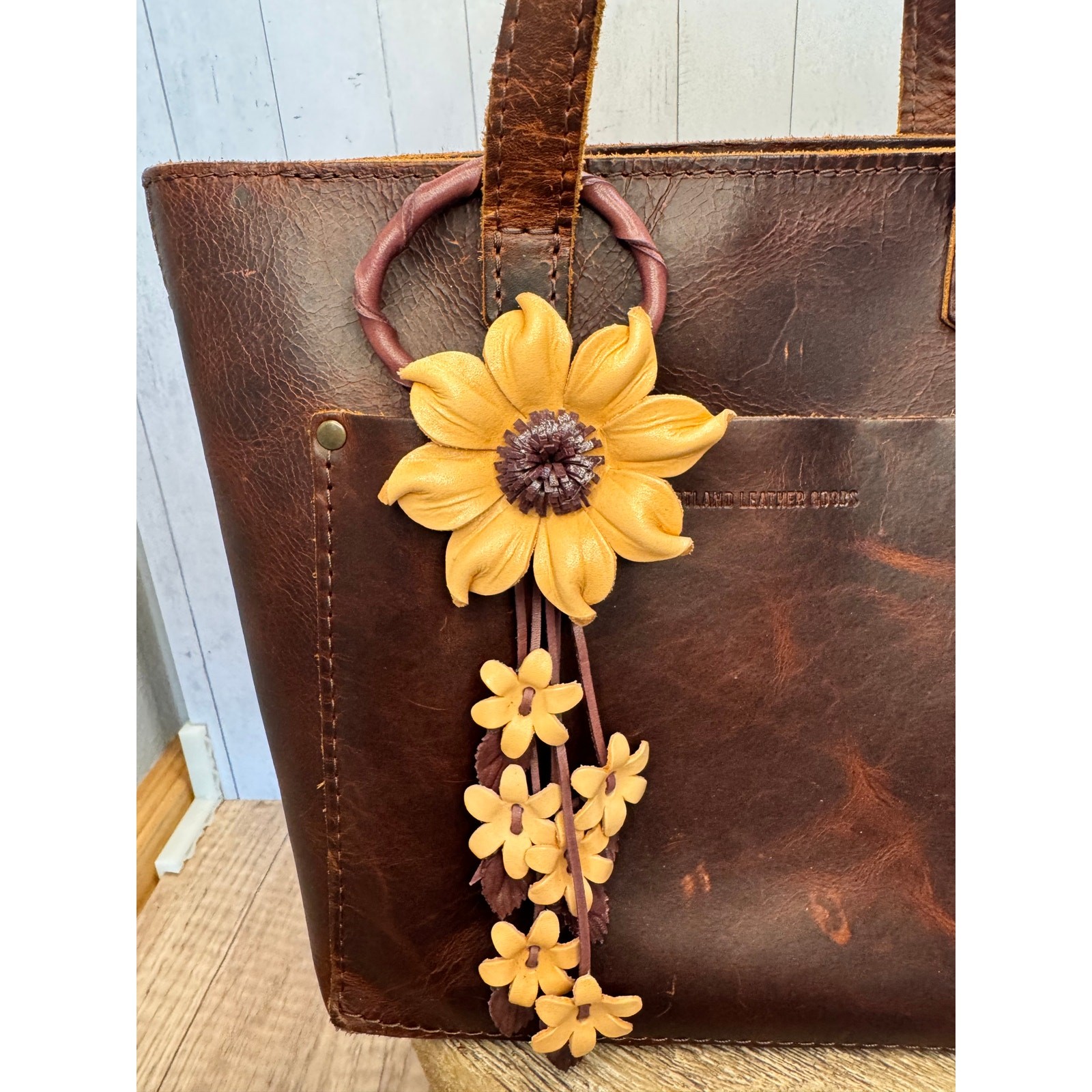 Cream Neutral Daisy Leather Flower Purse Charm Genuine Leather Beige Bag Charm