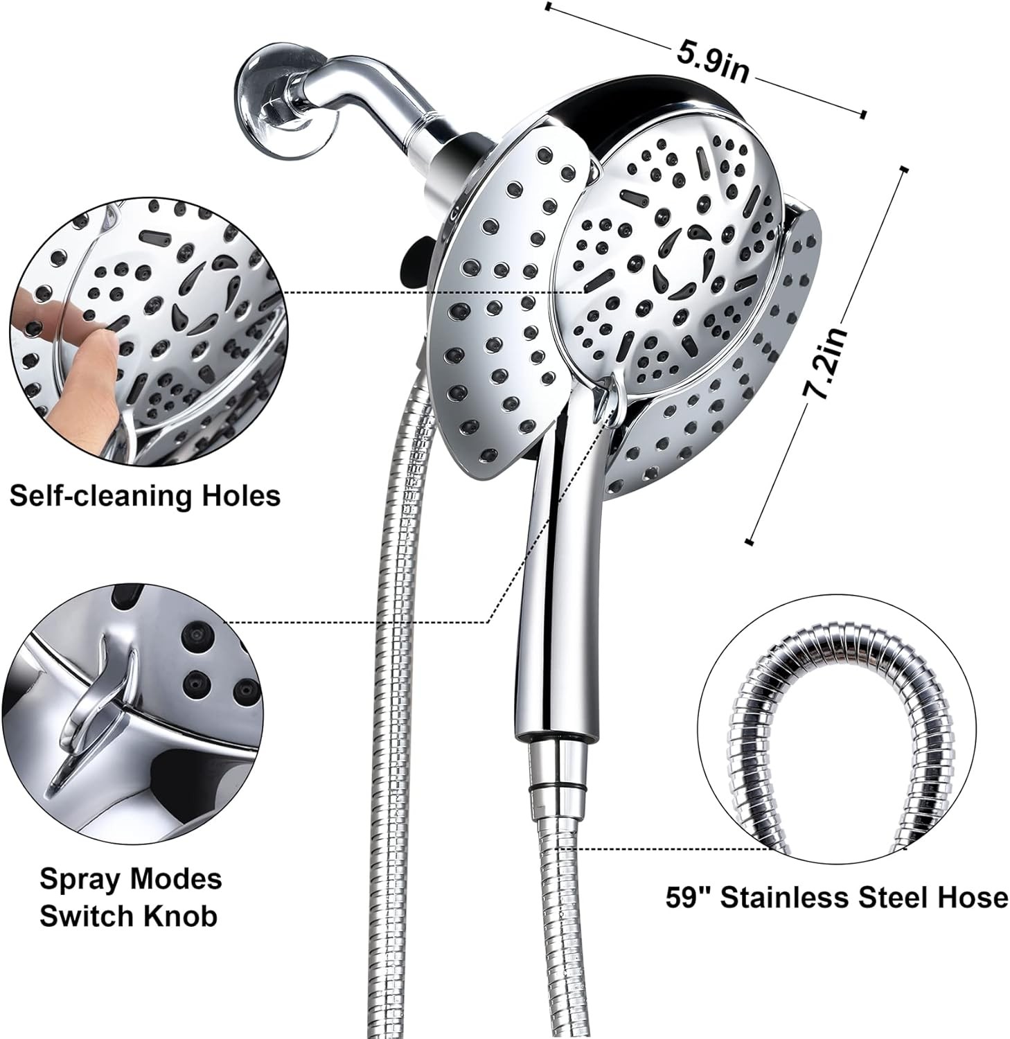 Dual Shower Head with Handheld: 2 IN 1 High Pressure Handheld Shower Head &