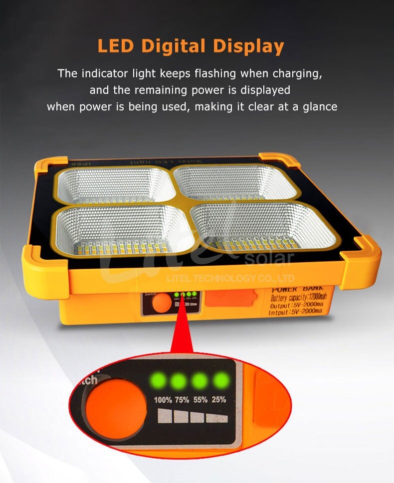 10400mAH Solar Rechargeable LED Work Light Portable Emergency Floodlight Battery