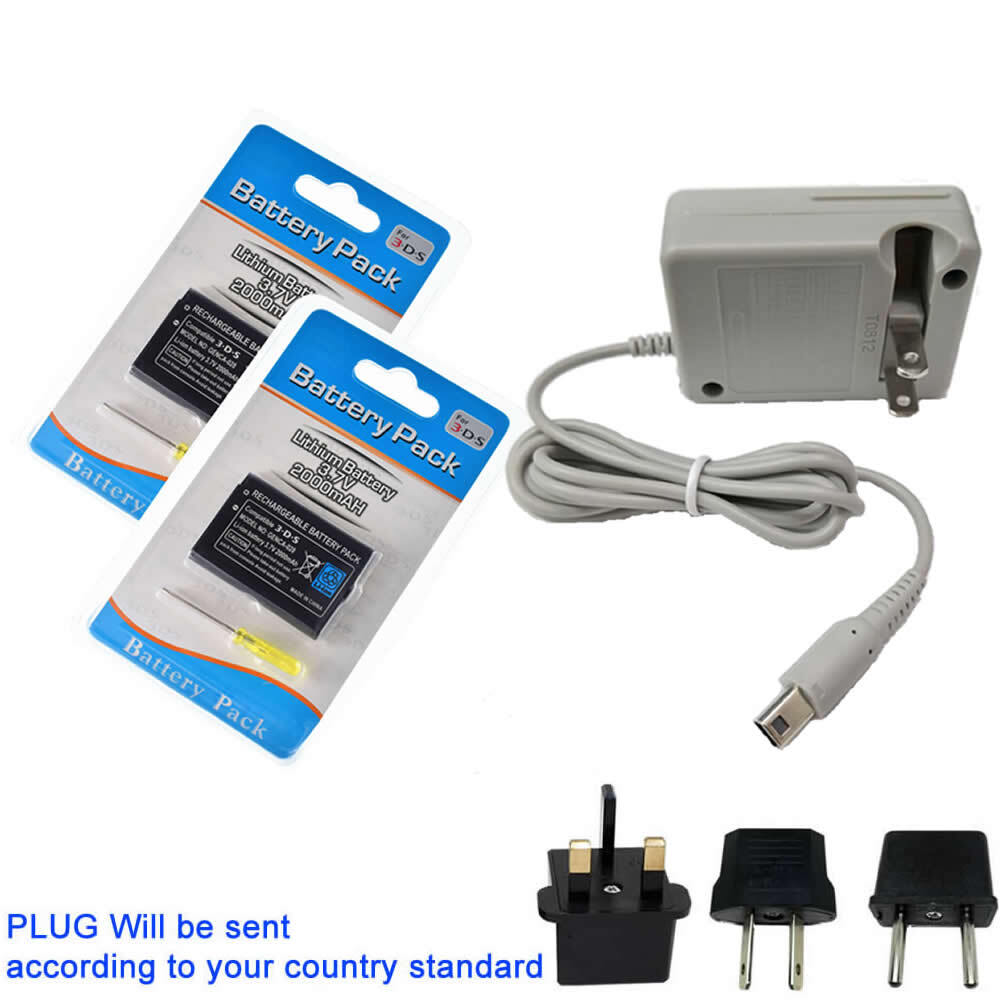 2x 3.7v 2000mAh Battery +Mains Power Charger Adapter for Nintendo 3DS 2DS Gaming