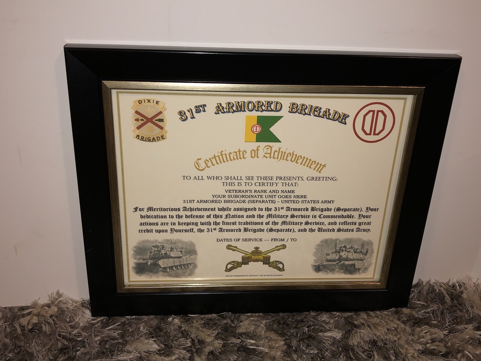 31ST ARMORED BRIGADE - ACHIEVEMENT (COMMEMORATIVE CERTIFICATE)