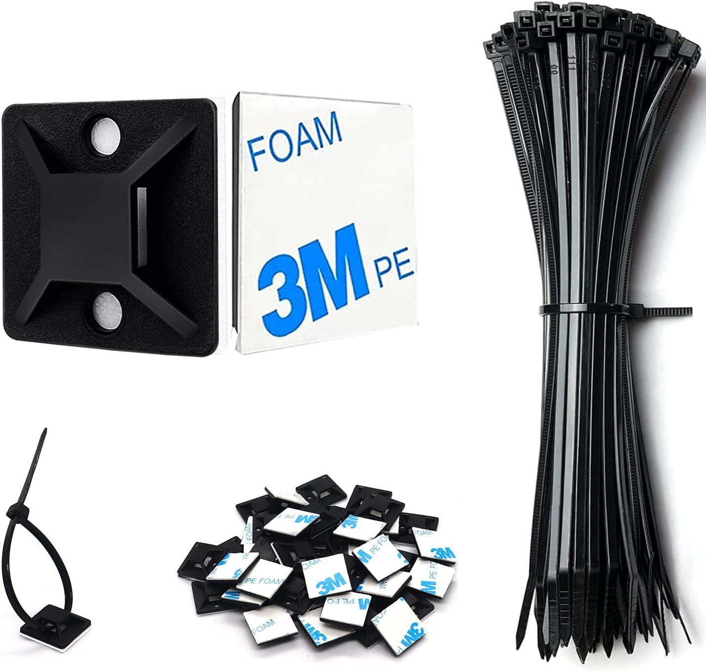 50 Set Self-Adhesive Cable Zip Tie Mounts with 6 Ties, Wire Organizer Clips