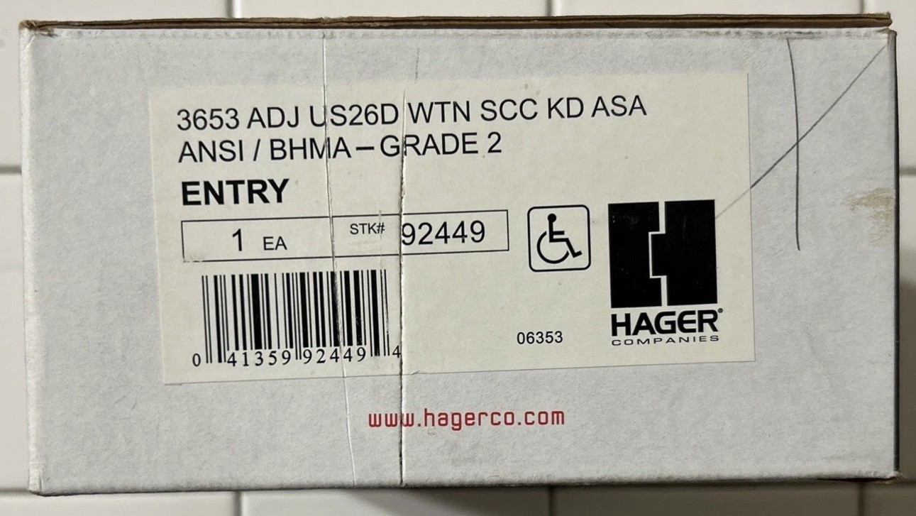 Hager 3653 Entry Door Lock Set US26D Silver Metal with Keys, Latch, Strike Plate