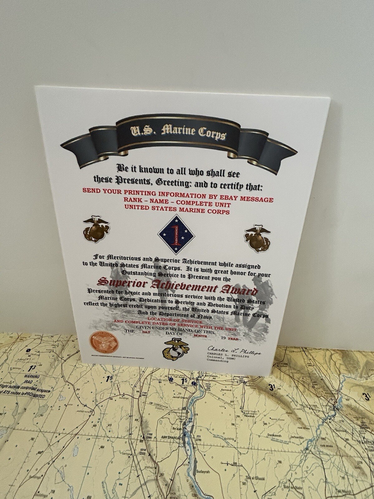 U.S.M.C. / SUPERIOR ACHIEVEMENT AWARD - 1ST MARINE DIVISION / CERTIFICATE
