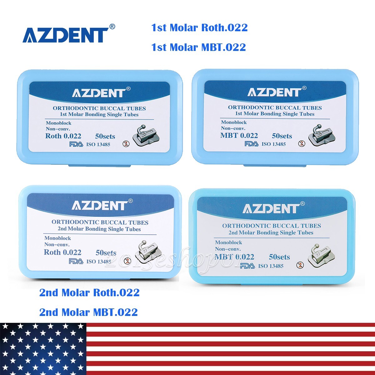 50Sets AZDENT Dental Orthodontic Buccal Tube 1st 2nd Molar Tube Roth MBT .022