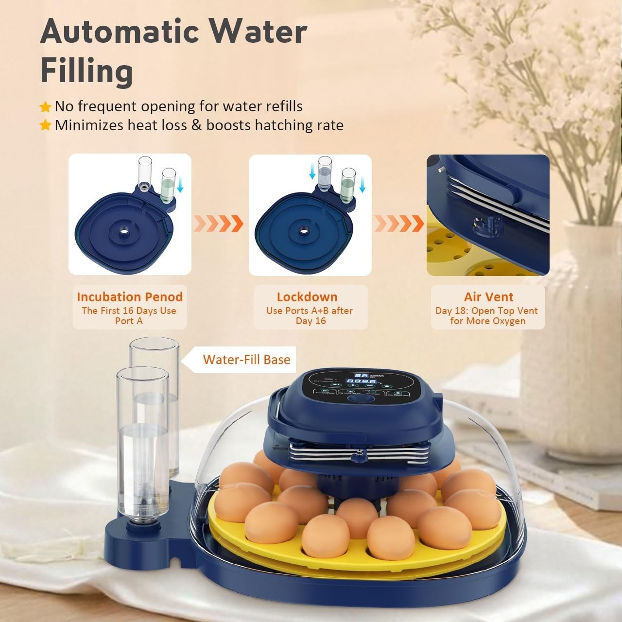 18 Egg Incubator with Auto Turning, Digital Temp & Humidity Control, Egg Candler