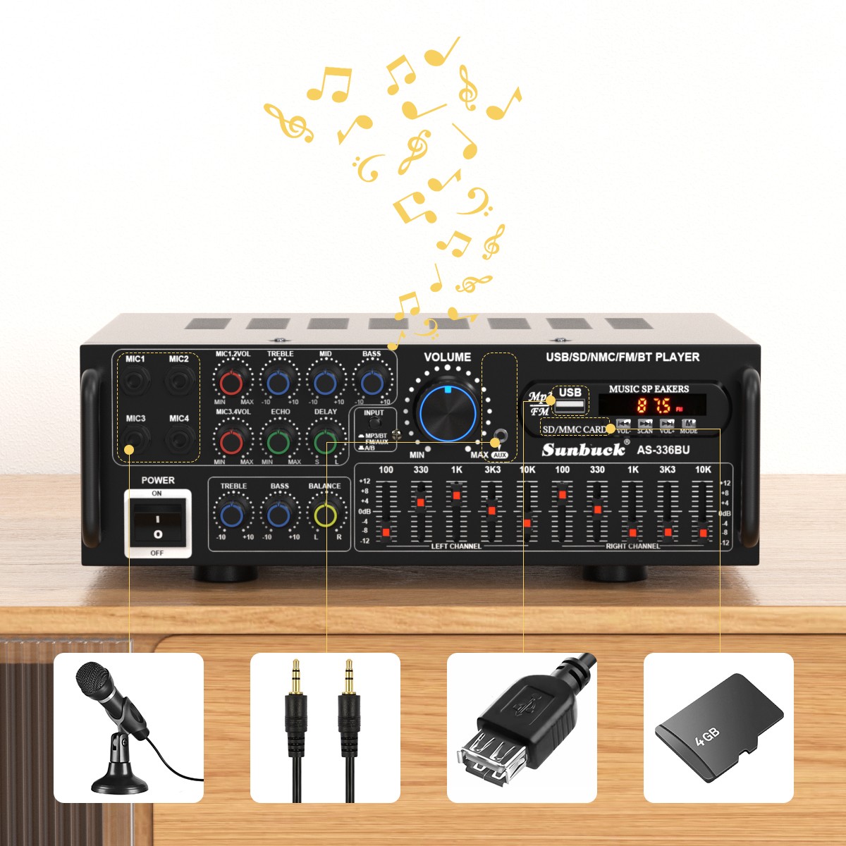 SUNBUCK 400W RMS 2000W Peak Stereo Amp BT 5.0 USB/SD FM Mic Inputs Home Car