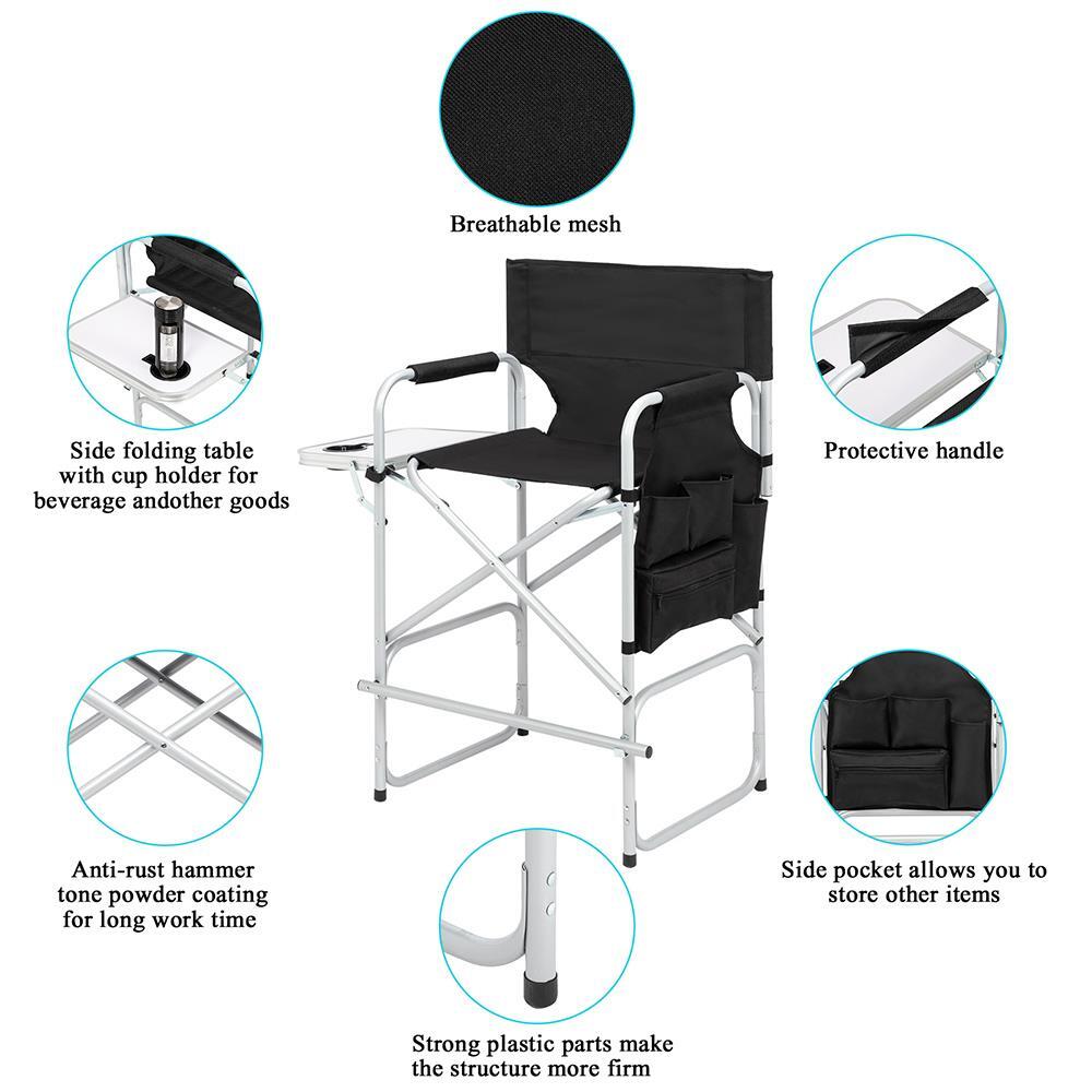 Tall Directors Chair Black Aluminum Folding Chair Outdoor Indoor With Cup Holder