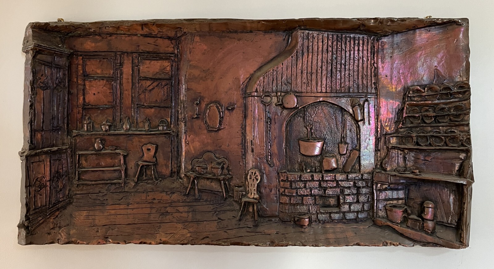 RARE 3D Mixed Media carved resin metallic copper painting vintage 18th c kitchen