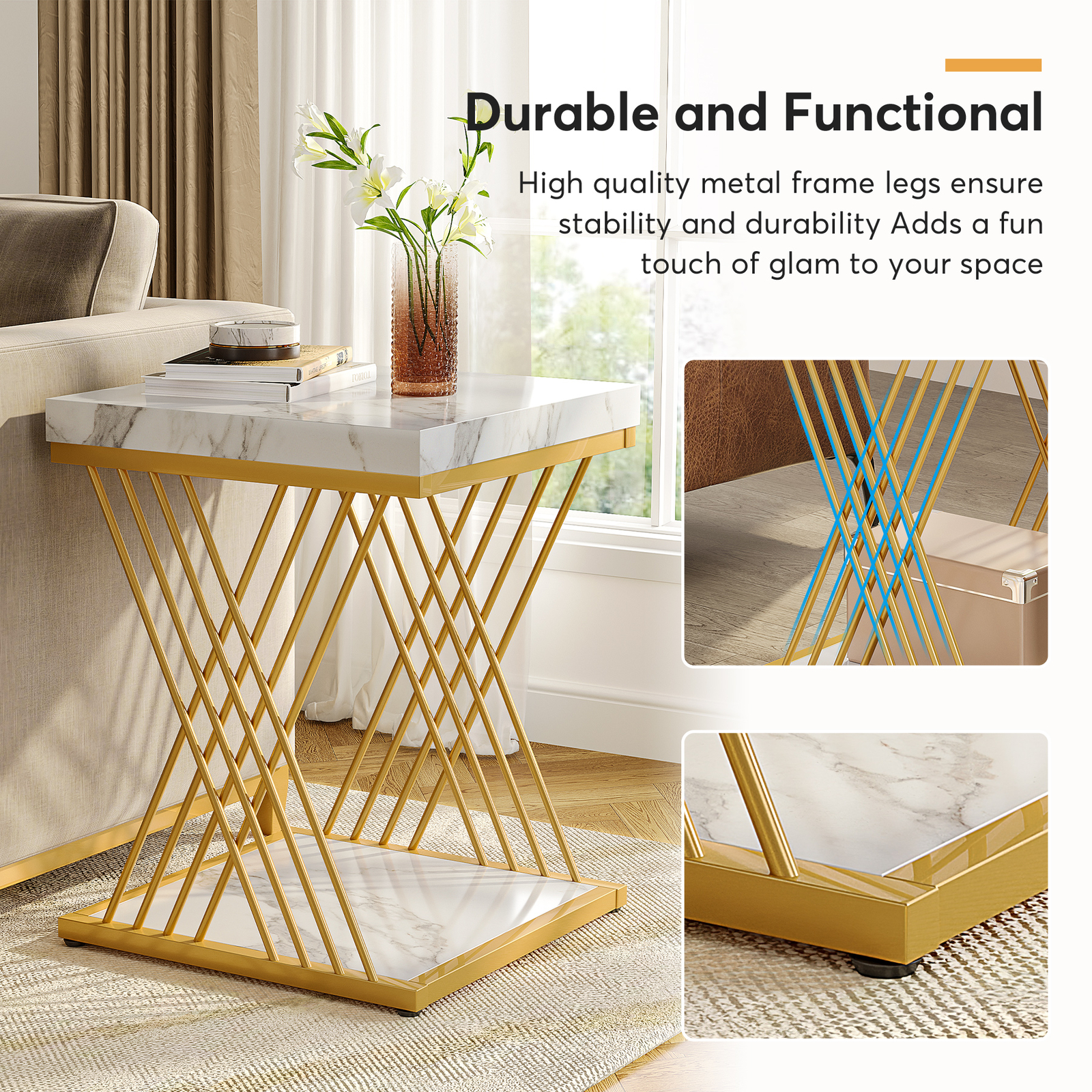 Tribesigns White Gold Square Accent Table for Living Room Modern Side End Table