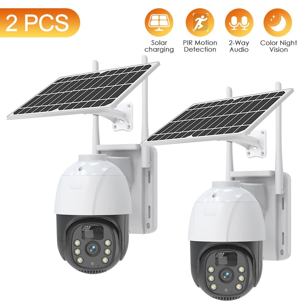 2pcs 3MP Wi-Fi Solar PTZ Security Camera Home 2-way Audio Wireless Waterproof
