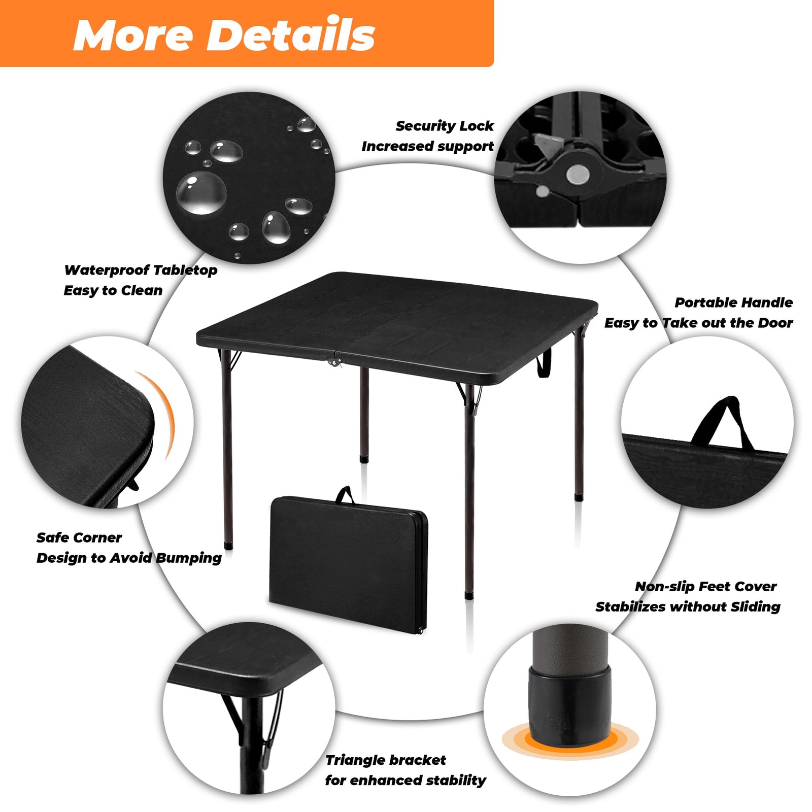 Outspurge 34" Folding Table, Portable Square 34"L X 17"W X 2.75"H, Black