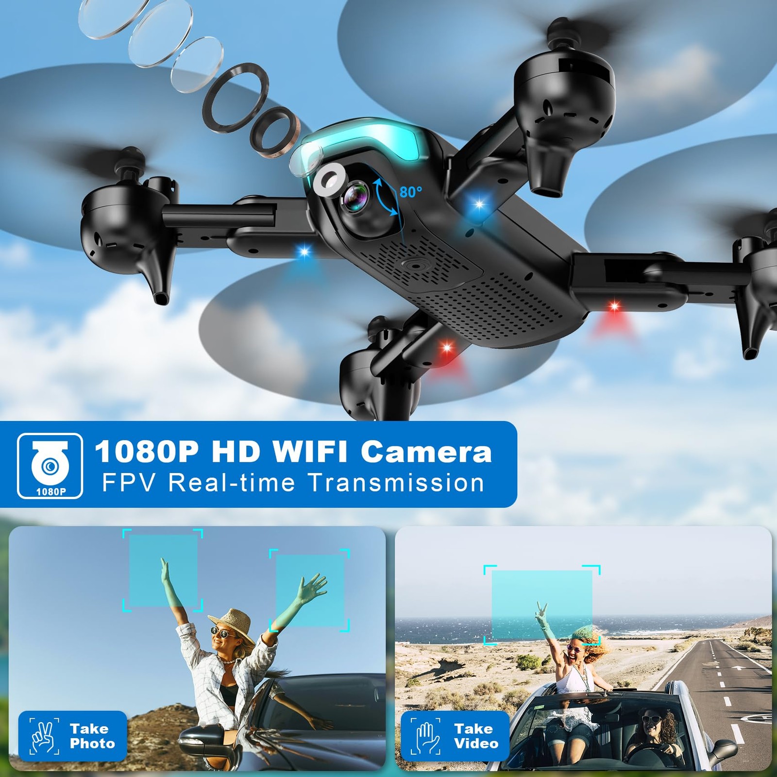 Drone with 1080P Camera, Foldable Drone for Beginners with Light, Upgrade Alt...